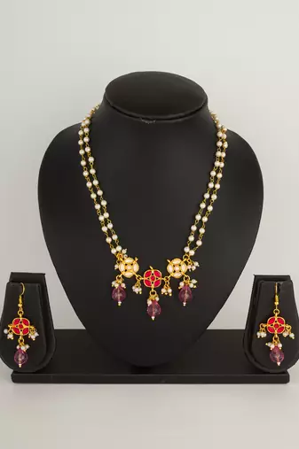 pink stone pearl necklace set