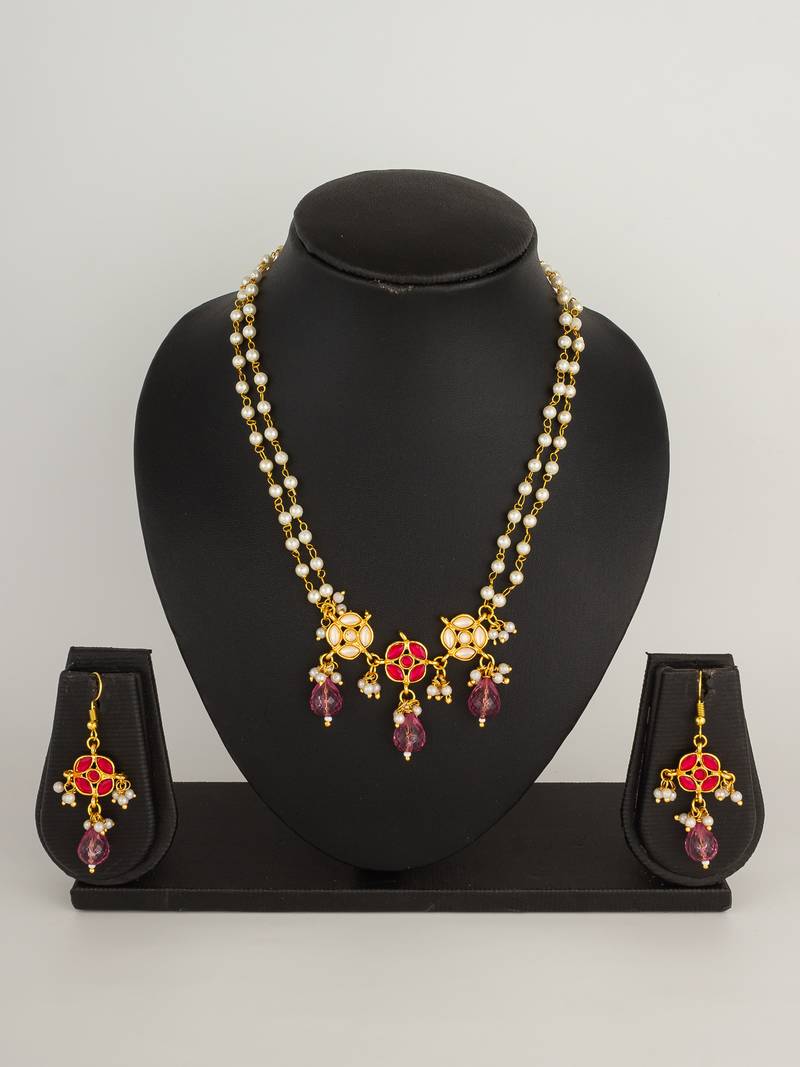 pink stone pearl necklace set