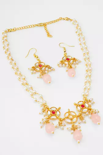 pearl rose stone necklace set