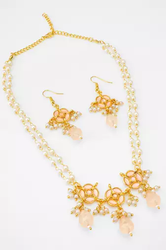 peach stone pearl necklace set
