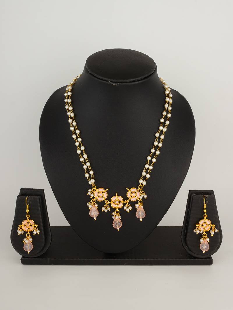 peach stone pearl necklace set