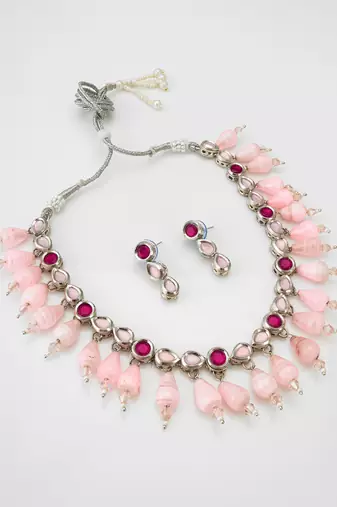 silver tone pink kundan set