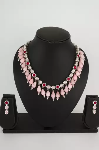 silver tone pink kundan set