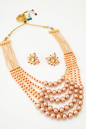 five strand peach pearl mala set
