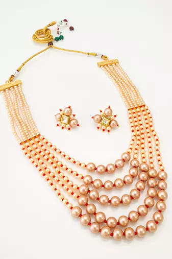 five strand peach pearl mala set