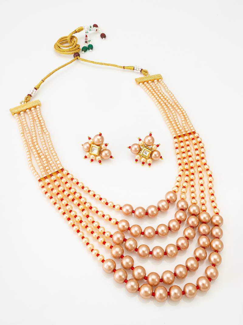 five strand peach pearl mala set