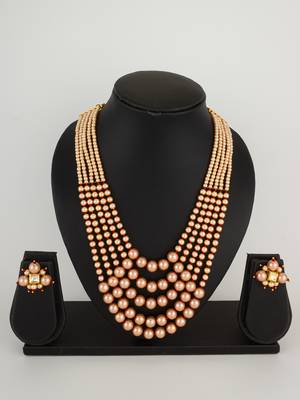 five strand peach pearl mala set 4