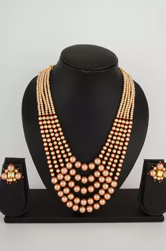 five strand peach pearl mala set