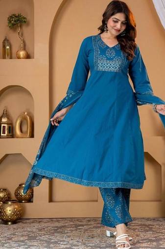 Cotton cambric anarkali kurti-pant-dupatta set