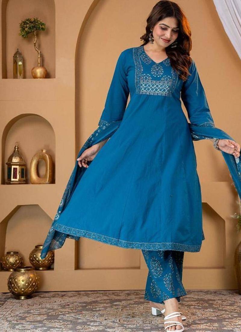 Cotton cambric anarkali kurti-pant-dupatta set