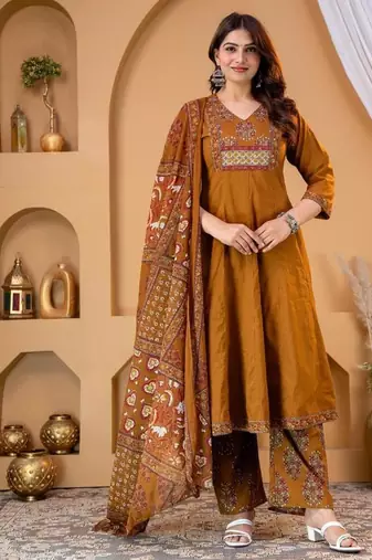 Cotton anarkali kurti pant dupatta set