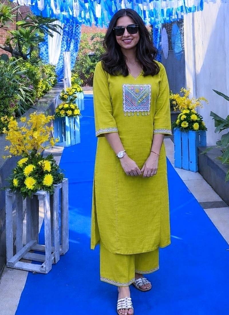 Cotton slub dyed straight kurti-pant set