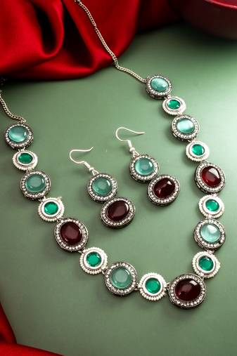 oxidized silver stone necklace set