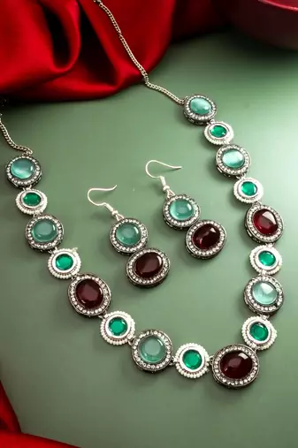 oxidized silver stone necklace set