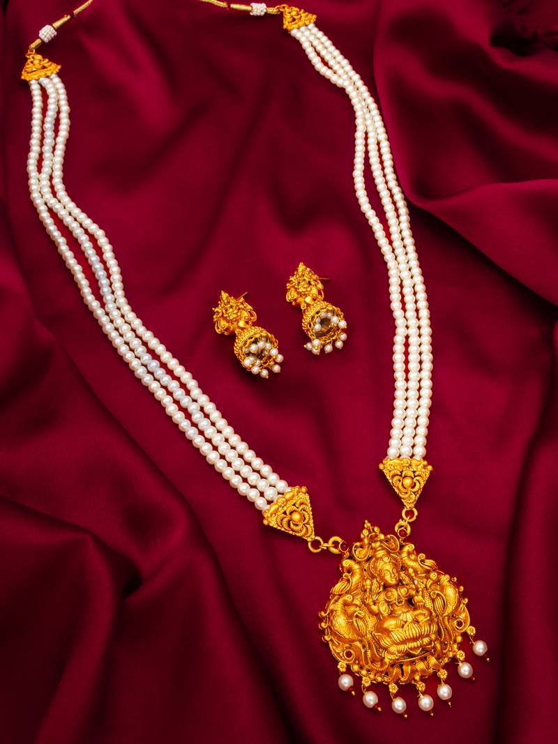 long pearl temple necklace set