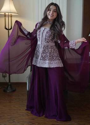 Wine georgette kurti palazzo set with embroidered dupatta 1