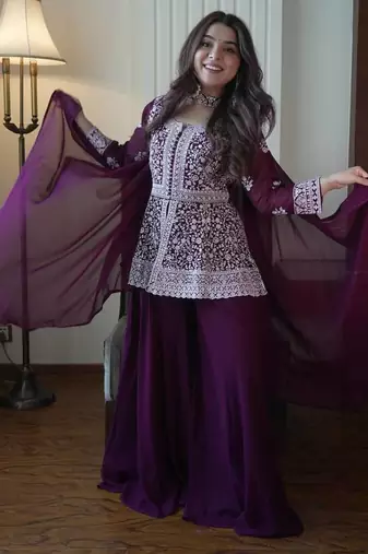 Wine georgette kurti palazzo set with embroidered dupatta