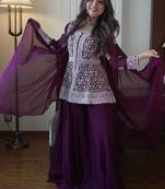 Wine georgette kurti palazzo set with embroidered dupatta