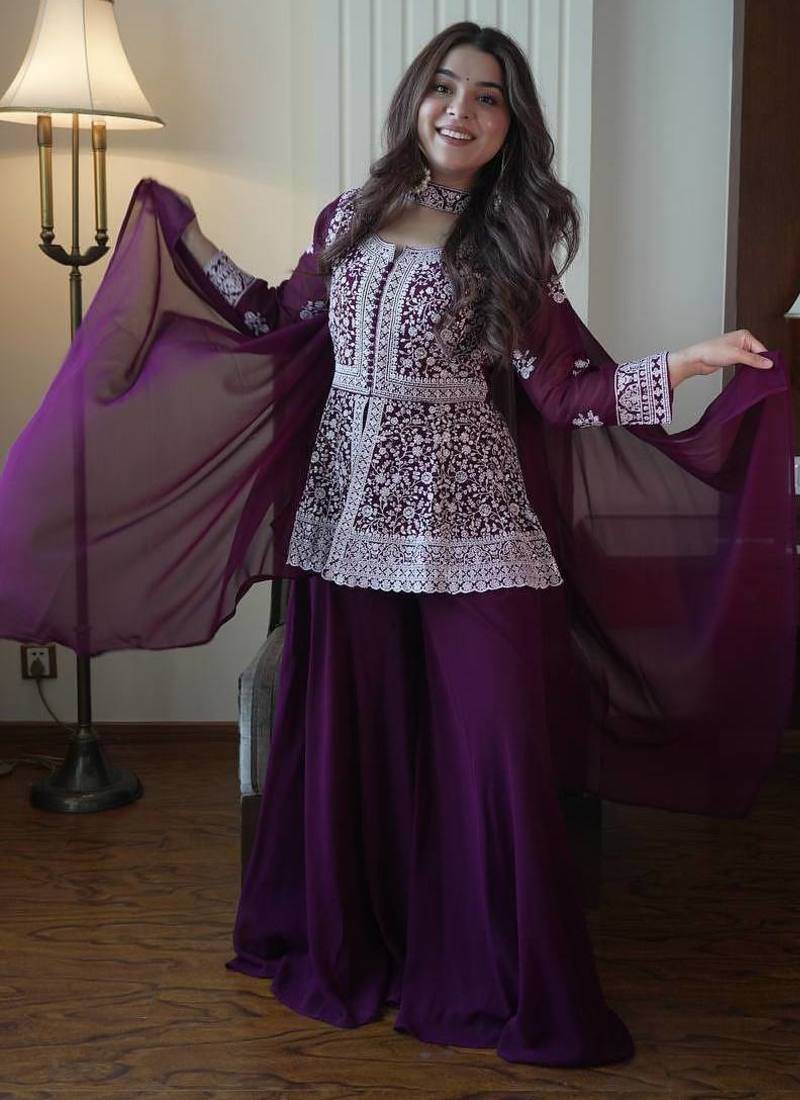 wine georgette kurti palazzo set with embroidered dupatta