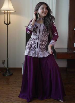 Wine georgette kurti palazzo set with embroidered dupatta 2