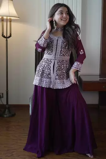 Wine georgette kurti palazzo set with embroidered dupatta