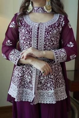 Wine georgette kurti palazzo set with embroidered dupatta 3