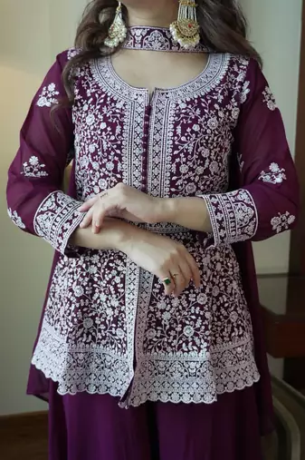 Wine georgette kurti palazzo set with embroidered dupatta
