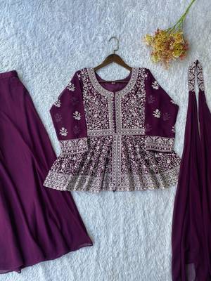 Wine georgette kurti palazzo set with embroidered dupatta 4