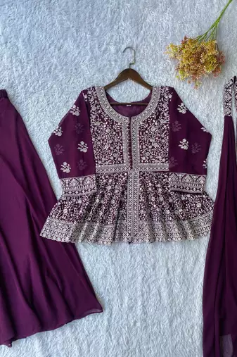 Wine georgette kurti palazzo set with embroidered dupatta