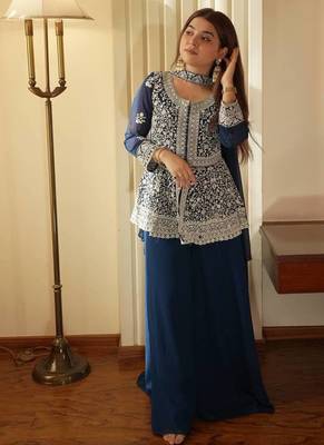 Teal blue georgette kurti palazzo set with embroidered dupatta 1