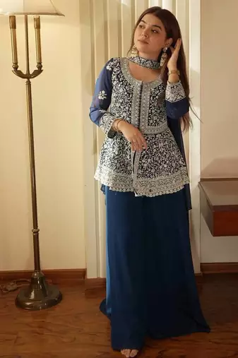 Teal blue georgette kurti palazzo set with embroidered dupatta