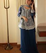 Teal blue georgette kurti palazzo set with embroidered dupatta