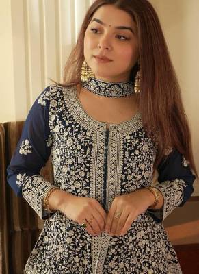 Teal blue georgette kurti palazzo set with embroidered dupatta 2