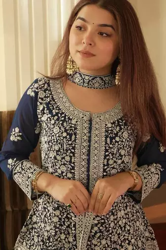 Teal blue georgette kurti palazzo set with embroidered dupatta