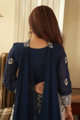 Teal blue georgette kurti palazzo set with embroidered dupatta 3