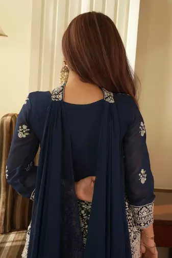 Teal blue georgette kurti palazzo set with embroidered dupatta