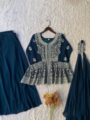 Teal blue georgette kurti palazzo set with embroidered dupatta 4