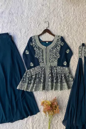 Teal blue georgette kurti palazzo set with embroidered dupatta