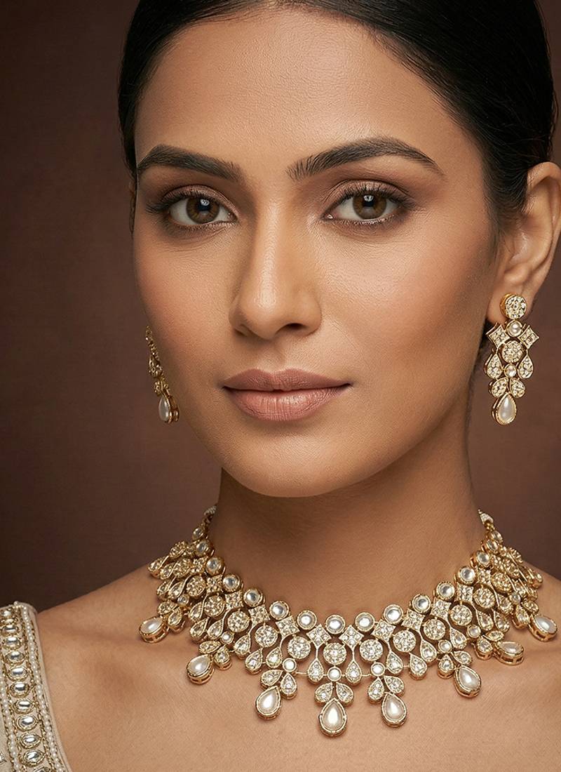 Gold finish jadau necklace set