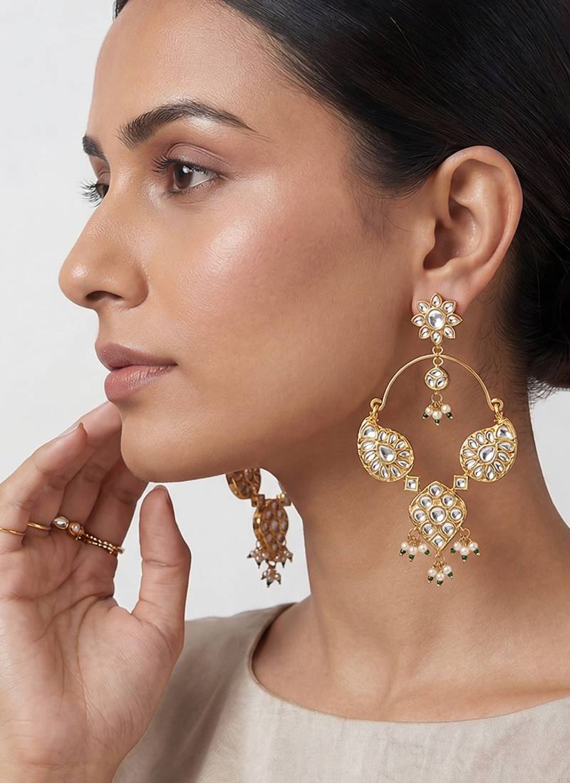 Gold plated kundan polki hoop earrings