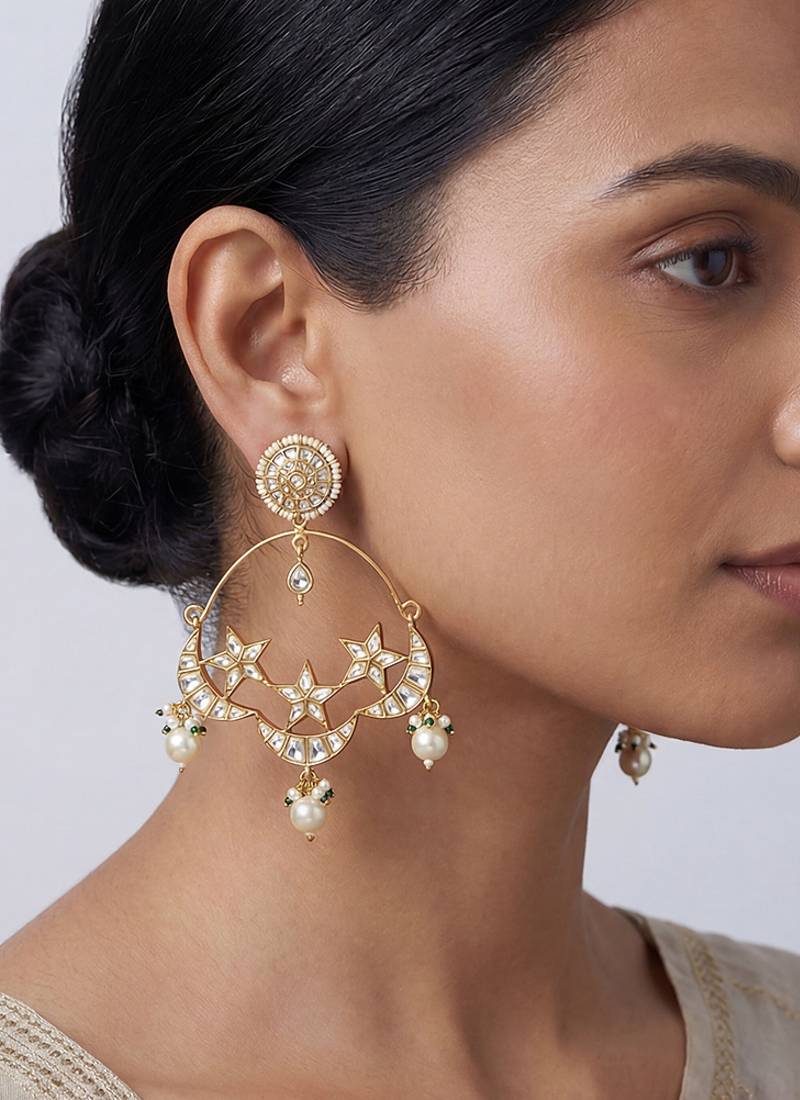 Sitara gold finish kundan chandbali earrings