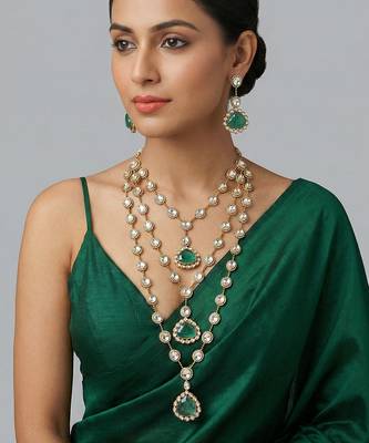 Green stone dual tone polki long necklace set 1