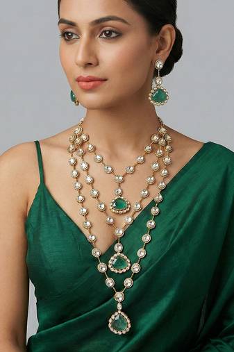 Green stone dual tone polki long necklace set