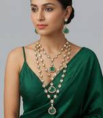 Green stone dual tone polki long necklace set
