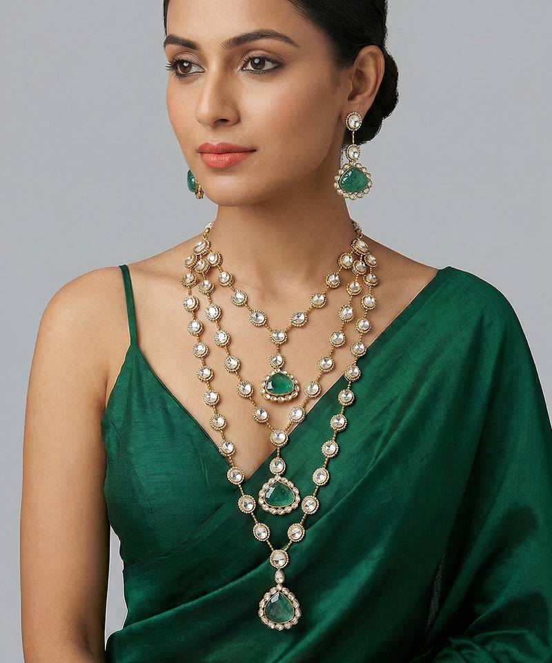 Green stone dual tone polki long necklace set