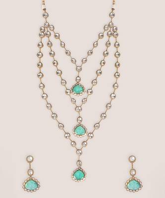 Green stone dual tone polki long necklace set 2
