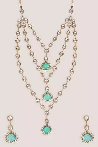 Green stone dual tone polki long necklace set