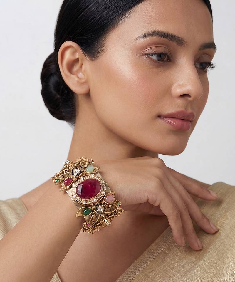 Multicolor stones cage work cuff bracelet