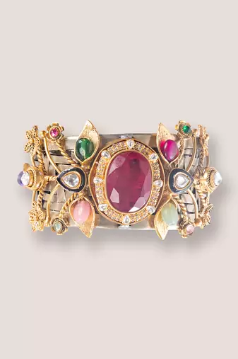 Multicolor stones cage work cuff bracelet