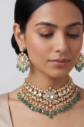 Green stone gold finish moissanite necklace set